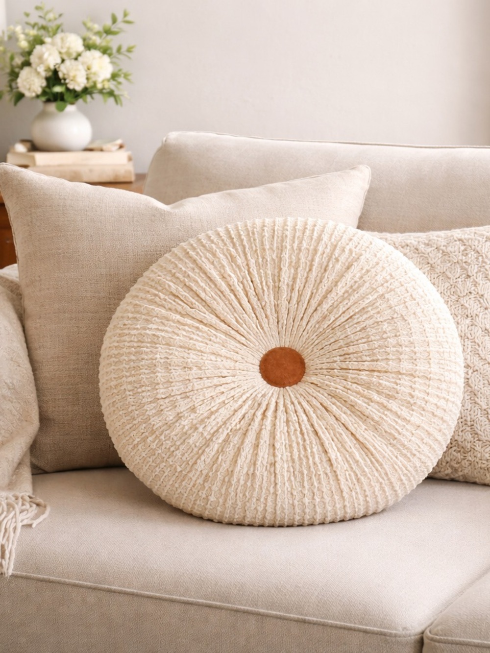 16" Round Pillow Pumpkin Pleated Textured Sofa Cushion Boho Coastal Home Decor